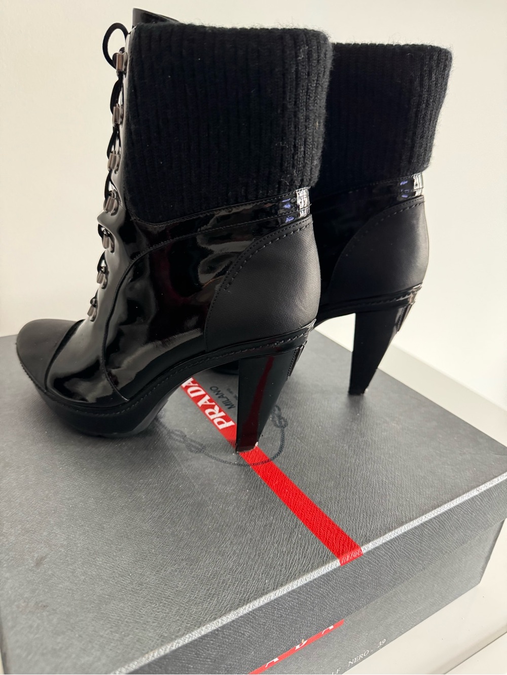 Prada Black Patent Lace-Up Knit-Cuff Ankle Boots - Picture 6 of 7